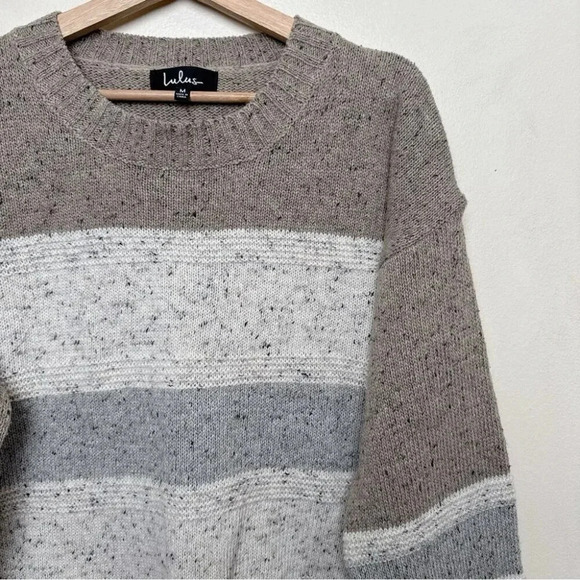 Lulus Womens  M Snuggle Season Grey Multi Striped Balloon Sleeve Sweater - Picture 5 of 13